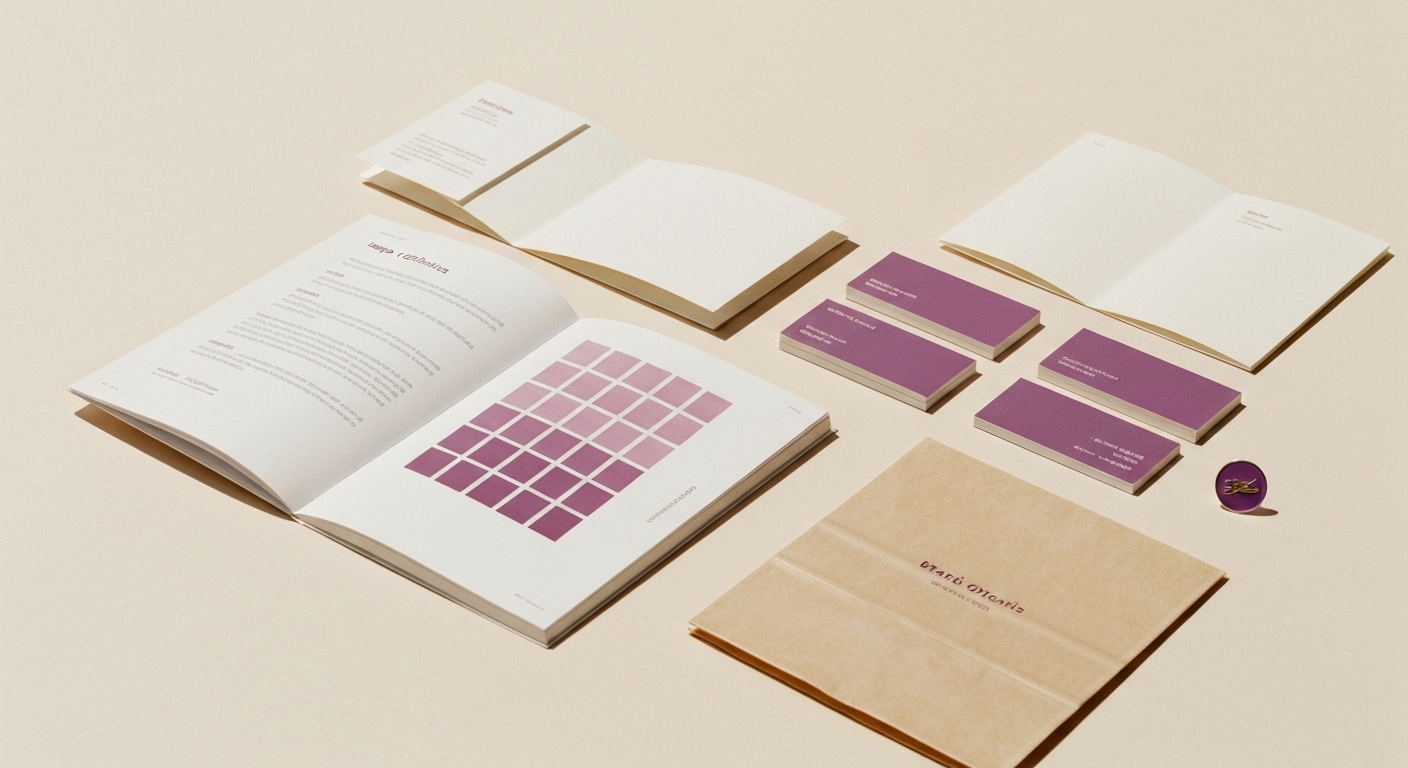 Full brand identity package presented on warm off-white paper, guidelines PDF open at a plum colour palette page