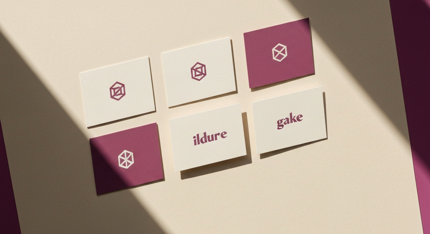 Flat-lay of six matte business cards printed with different geometric wordmark logos in deep plum ink, on warm off-white paper